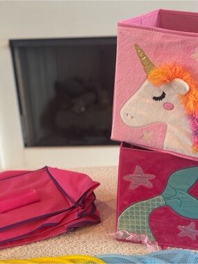Girls Room Storage Bundle – Unicorn & Mermaid Cube Bins & Hanging Shelf